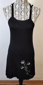 Spaghetti Strap Black Floral Detail Mini Dress Embroidered Lower Hem Stretch S